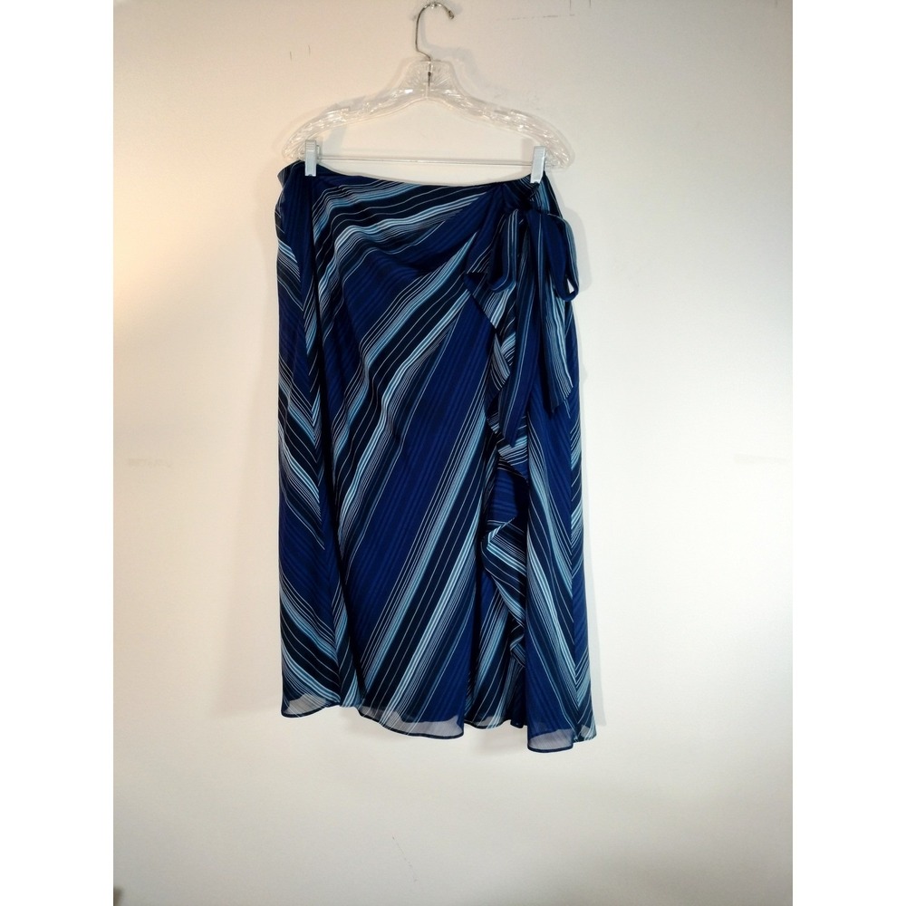 Lauren Ralph‎ Lauren Blue Striped Faux Wrap Midi Skirt w/Side Tie Ruffle